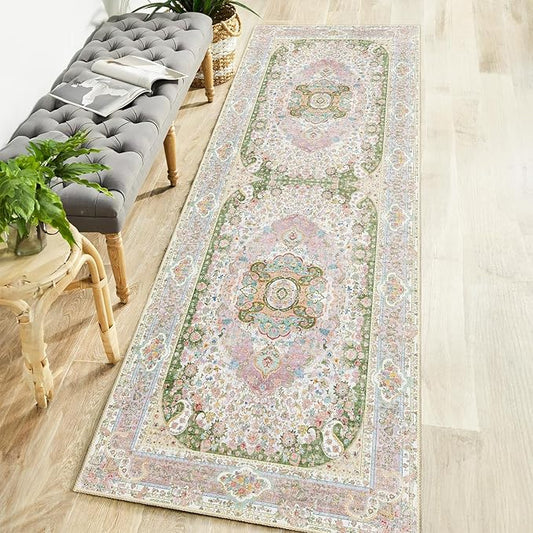 Washable Runner Rug 2x6,Pink Rug Runners Non Slip,Long Boho Rugs for Hallways Kitchen Bedroom Entryway Living Room Bathroom,Vintage Bohemian Distressed Floor Carpet,Blush Green