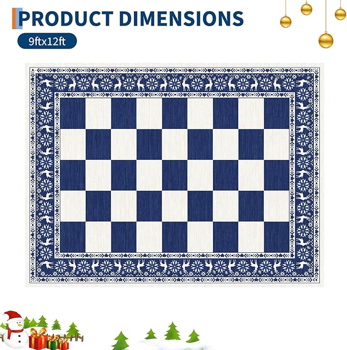 GarveeHome Blue Area Rugs 9x12 Living Room, Washable Rug for Christmas Decor, Indoor Non Slip Carpet, Checkered Soft Low Pile Christmas Rug for Bedroom, Dining Room