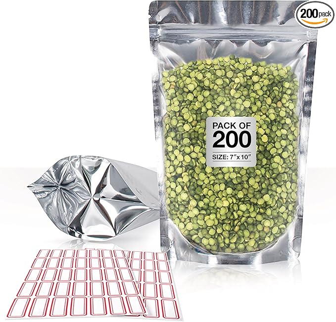 BELLE KR® 7x10 Quart Mylar Bags for Food Storage - Pack Of 200-7.5mil Thick - Gusseted Bottom - Clear Mylar Bags with See Through Window for Freeze Drying food - Labels Included