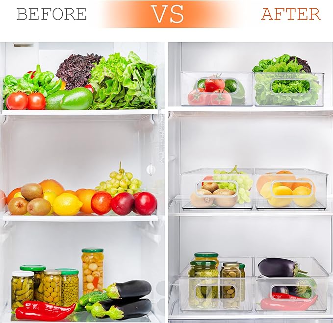 LotFancy Refrigerator Organizer Bins, 4 Pack,10x6x3 in, BPA Free Clear Plastic Storage Bins for Pantry Organization, Stackable Containers with Handles for Fridge, Kitchen Drawer, Freezer, Cabinet