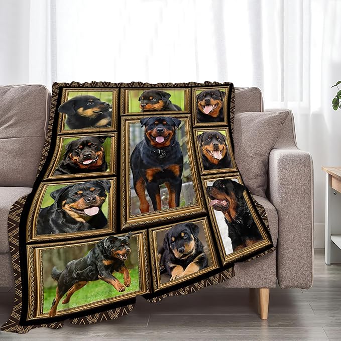 Rottweiler Blanket Decor Gifts for Dog Lover Flannel Fleece Fuzzy Rottweiler Throw Blanket Soft Warm Cozy Plush Animal Blanket for Bed Couch Living Room Stuffed Decoration for Kids Adult 80"x60"