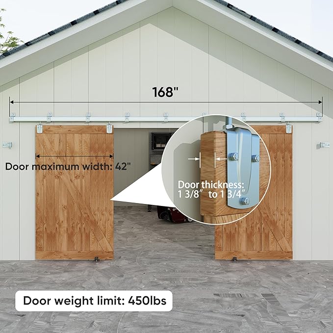 JUBEST 14FT Box Rail Exterior Barn Door Hardware Kit, Heavy Duty Sliding Door Track Kit Wall Mount Door Hardware Kit for Two Doors System(Doors Not Included), Silver