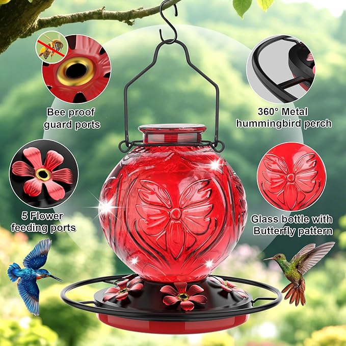 Glass Hummingbird Feeder for Outdoors Hanging, 25Oz Humming Bird Nectar Feeders with Perch & 5 Flower Feeding Ports, Leak Proof for Outside Garden Decor, Gifts for Women (Red)