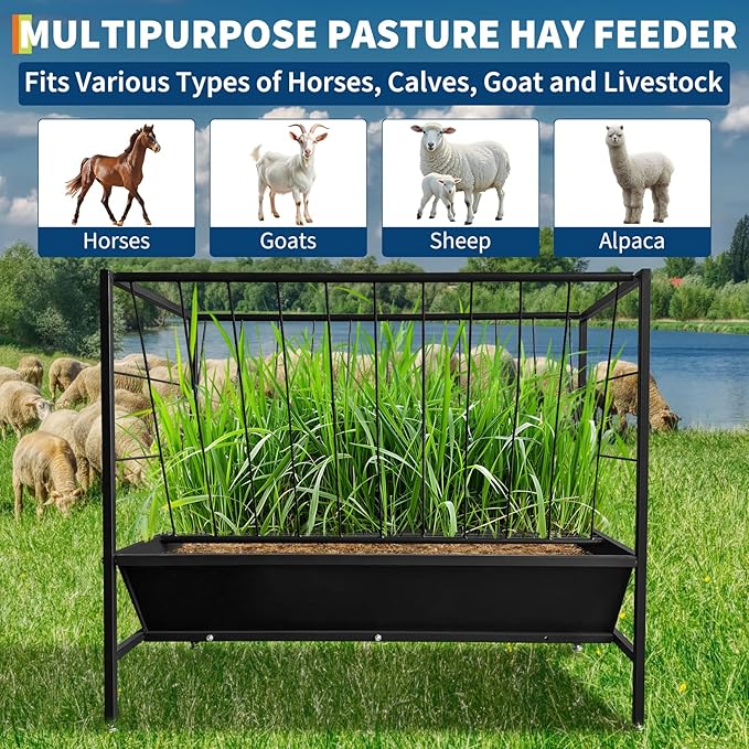 Garvee Pasture Hay Feeder 45 Gallon, Heavy-Duty Steel Hay Grain Livestock Feeder with 24 Gallon Feed Pan, Livestock Feeding Trough for Sheep, Goats, Calves, Cow, Horse, Black