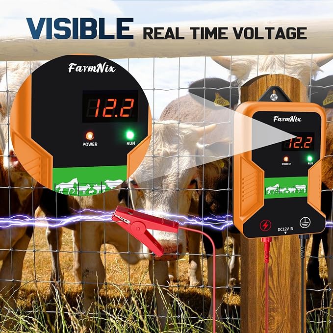 12 kV Electric Fence Charger with LED Display,2 Joule Pulse Energy,Covering up to 15 KM,Waterproof,Ideal for Home Pastures and Gardens by Containing Dogs,Livestock,Pets and Poultry