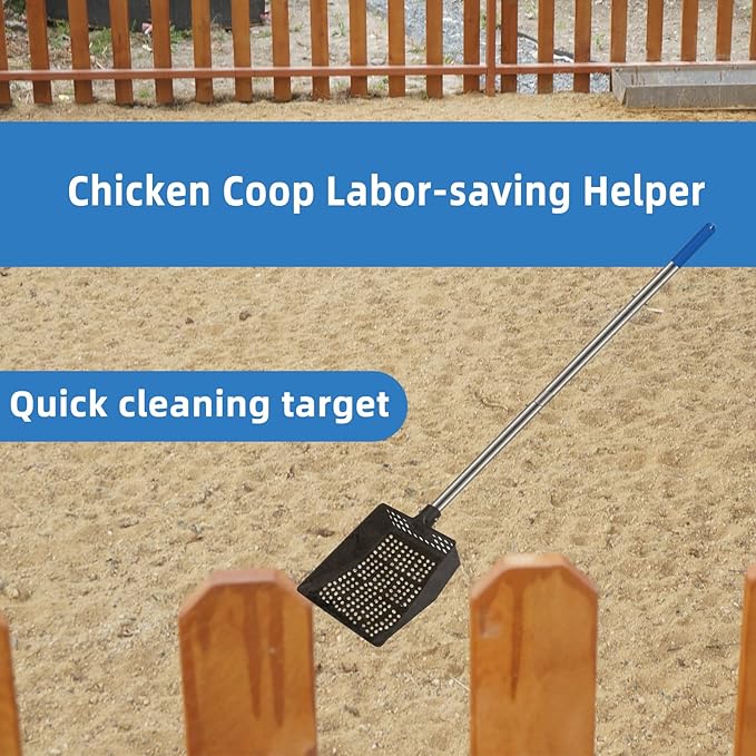 Chicken Poop Scooper,Big Sifting Shovel for Farm Chicken and Coop Goat Stall,Metal Chicken Scooper Cleaning, Chicken Coop Rake with Long Handle(40 1/2'').