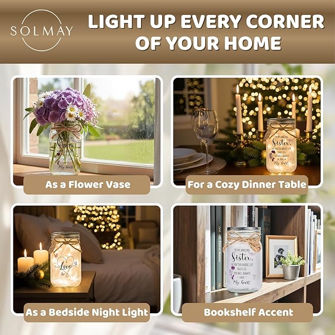 SOLMAY Sister Gifts Mason Jar Night Light – Unique Birthday & Christmas Gift for Sister– Sentimental Decorative Lamp from Sibling or Brother with Warm LED Fairy Lights