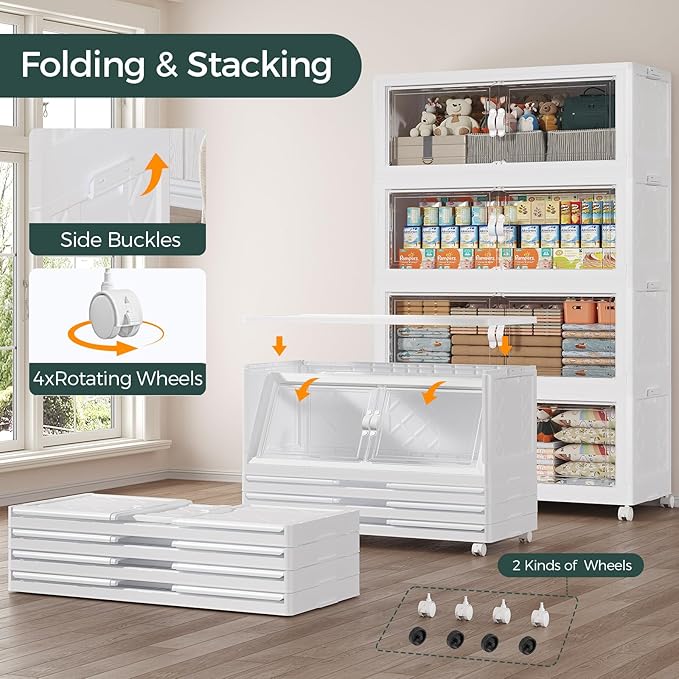165Gal Stackable Storage Bins with Lid, 660Qt Extra Large Collapsible Storage Box with Doors and Wheels, Plastic Closet Organizer and Storage Cabinet Drawer for Home Kitchen, 3Pack White