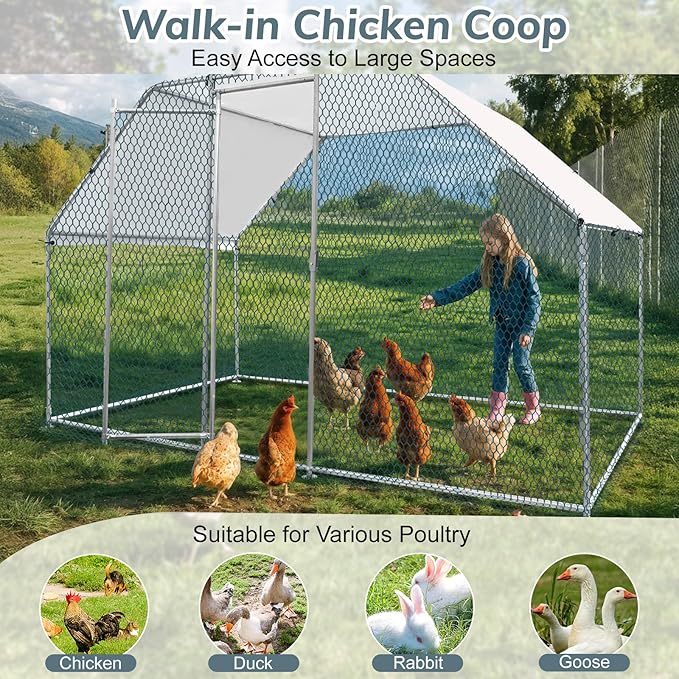 VINGLI Chicken Coop, Large Metal Poultry Cage for Chicken Run, Walk-in Chicken Pen with Waterproof & Anti-UV Cover Outdoor (Silver-Flat Roof, 6.5 * 9.8 * 6.5 ft)