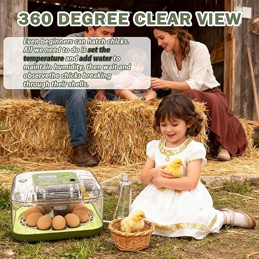 XOTTI Incubator for Hatching Egg, 12 Egg Incubators with Temperature and Humidity Control, Automatic Turner, Candler, 360° Viewing for Dry Hatch Chicken, Duck, Quail, Goose, Parrot and Pigeon