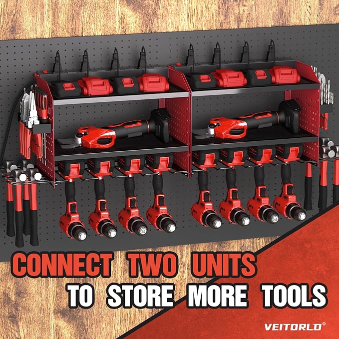 Veitorld Power Tool Organizer with Charging Station - 4 Drill Holders - Heavy Duty Modular Wall Mount Rack for Garage, Tool Storage Organizer - Christmas Birthday Gifts for Men Dad Him Husband