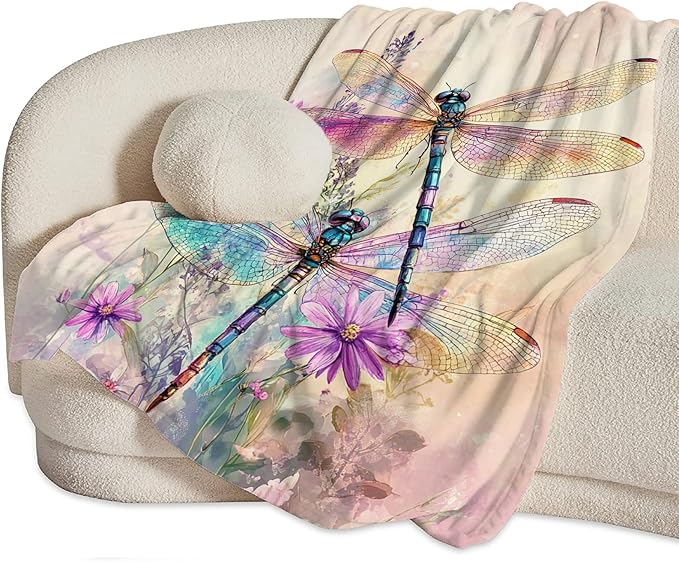 Dragonfly Blanket, Dragonfly Throw Blanket, Floral Animal Fuzzy Plush Blankets Ultra Soft Gift for Women Kids Teens Men Girls Boys Stuff Decor for Home Bedding Sofas Couch 60"X50"