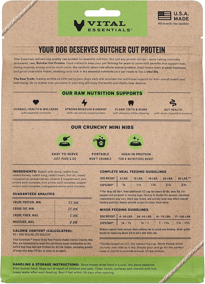 Vital Essentials Freeze-Dried Raw Rabbit Crunchy Mini Nibs | Complete Meal or Mixer Dog Food | 5.5 oz