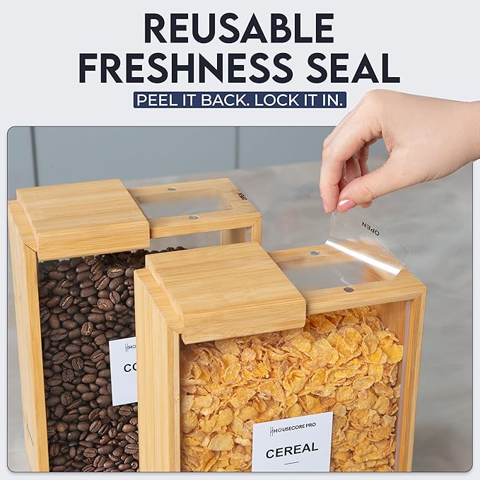 HouseCorePro 2 Pack Bamboo Food Storage Containers – Large 2.75L Food Dispenser with Measuring Spoon, 18 Labels, 6 Freshness Stickers, Wood Pantry Organizers and Storage for Dry Goods, 9.50x7.25x4in.