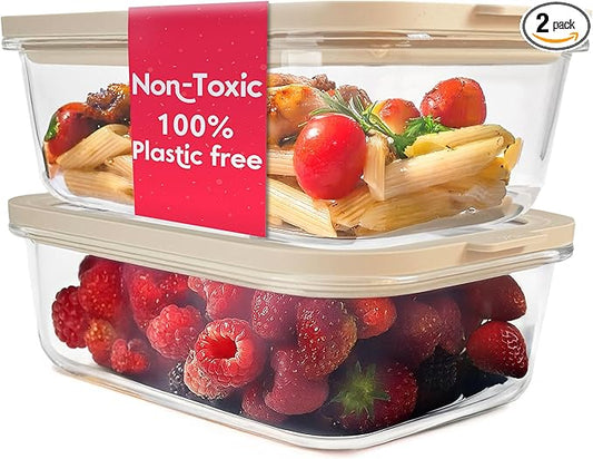 Ziruma Non-Toxic 6.2 Cup Glass Food Storage Containers with Lids, Large Food Containers, Plastic Free Meal Prep, Airtight Food Storage Container, Microwave and Freezer Safe, 2 Pack