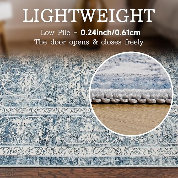Madane Washable 6x9 Area Rugs for Living Room, Vintage Rug with Non-Slip Backing, Soft Stain Resistant Throw Rugs Thin Carpet for Bedroom Dining Room Farmhouse (6 x 9, Cadet Blue)