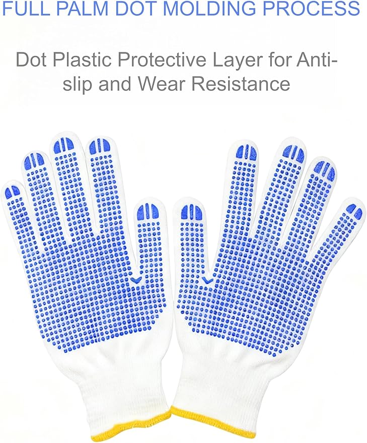 Qugzegx 12 Pairs Cotton Polyester Knitted Gloves, Safety Work Gloves For Painter Mechanic Warehouse Construction Men and Women, Anti-slip Dots, Medium Size