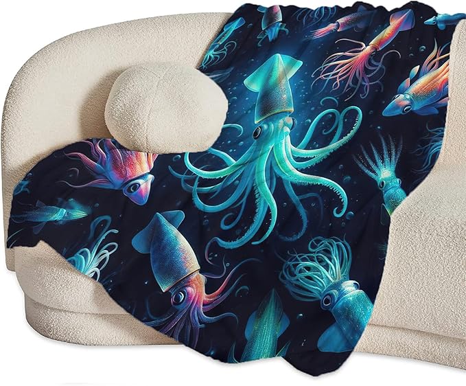 Squid Blanket Decor Gifts for Squid Lovers Flannel Fleece Fuzzy Throw Blanket Soft Warm Cozy Plush Ocean Animal Blanket for Bed Couch Living Room Stuffed Decoration for Kids Adult 60"x50"