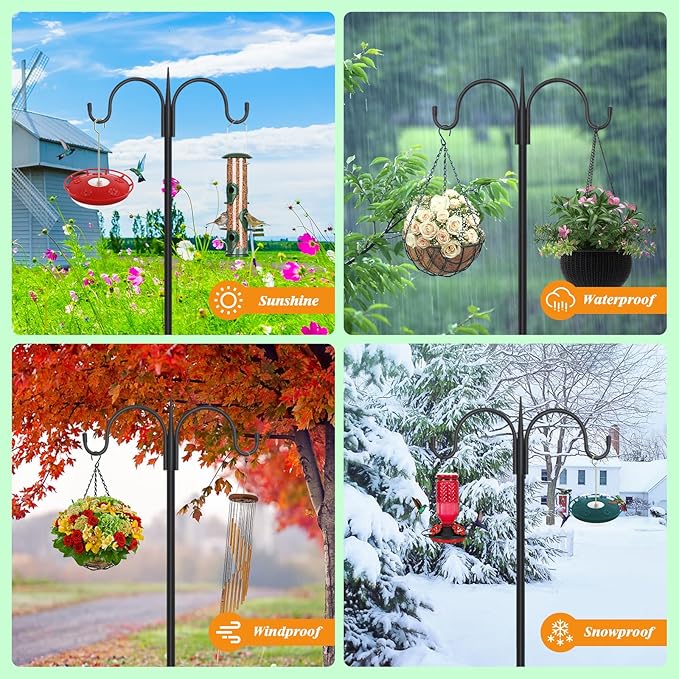 FEED GARDEN Adjustable Double Shepherds Hook for Outdoor with 5 Prong Base 108 Inch Heavy Duty Two Sided Bird Feeder Pole for Hanging Plant Baskets, Solar Light Lanterns, Wind Chimes