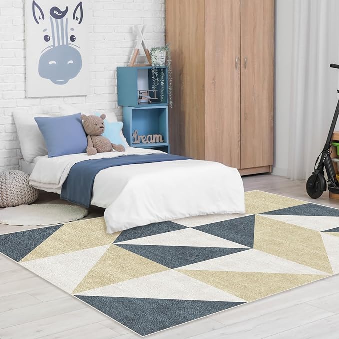 Washable Blue and Gold Modern Area Rugs for Living Room Bedroom Dinning Room Kitchen 3x5 Geometric Abstract Non Slip Low Pile Indoor Floor Small Carpet