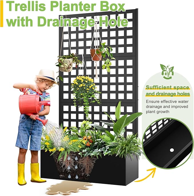 FENCY Metal Raised Garden Bed with Trellis, Metal Planter Box with Trellis, Garden Box for Climbing Plants Vegetable, 35''Lx16''Wx71''H Garden Bed with Drainage Holes(Black)