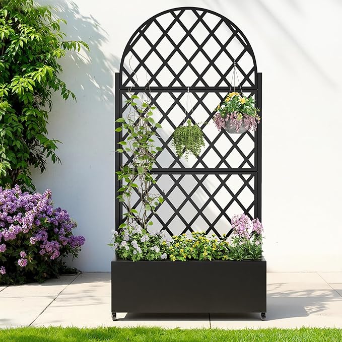 Metal Planter with Trellis& Wheels 72" x 35"x 15.7" Raised Garden Bed with Trellis,Privacy Planters for Patio,Garden Bed for Climbing Plants,Suitable for Climbing Plants and Vegetables,Black