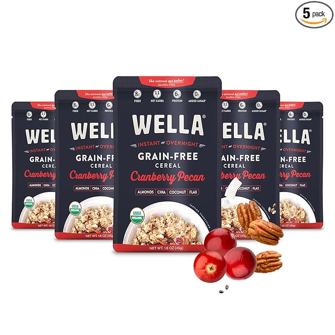 Wella Cereal Oatmeal Alternative, Gluten-Free Breakfast Hot Cereal, Grain-Free Paleo Organic Vegan High Protein Superfood, Plant-Based Non-GMO, Low in Net Carbs, Single-Serve Packets, Cranberry Pecan Flavor (5 Count, 1.6 oz. Packets)