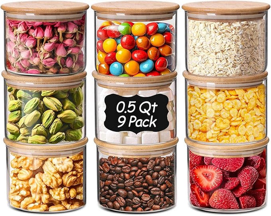 ComSaf 0.5 Qt Glass Food Storage Jars Set of 9, Clear Glass Storage Containers with Lids, Pantry Organization Jar, Spice, Salt, Blooming Tea, Coffee, Oat and Sugar Container, Small jar Set for Kitchen