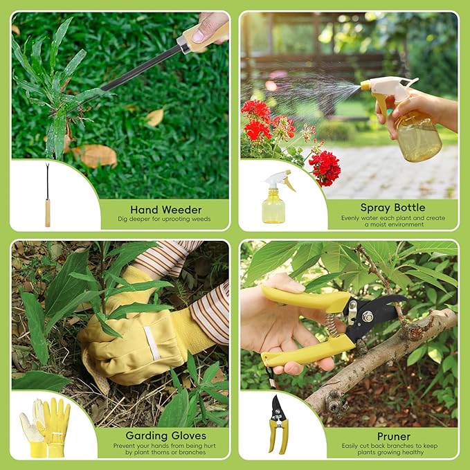 9-Piece Gardening Tool Set, Heavy Duty Garden Tool Set with Wood Handle, Premium & Durable Hand Tools Gardening Kit with Stylish Handbag, Gardening Gifts for Women