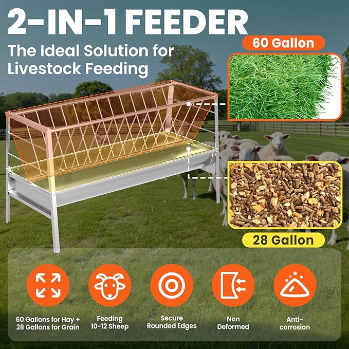 5 Foot Pasture Feeder, 88 Gallon Stainless Steel Frame Large Livestock Feeder, Easy to Assemble Goat Hay Feeder, Horse Trough, Sheep Trough