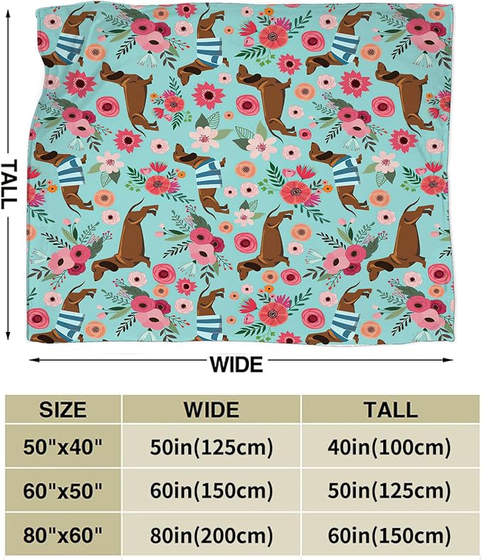 Dachshund Blanket Decor Gifts for Dachshund Lover Flannel Fleece Fuzzy Throw Blanket Soft Warm Cozy Plush Floral Blanket for Bed Couch Living Room Stuffed Decoration for Women Kids Adult 80"x60"