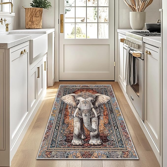 3x5 Elephant Area Rugs Boho Elephant Rug for Bathroom Kitchen Entryway Indoor Soft Non-Slip Thin Hippie Carpet Vintage Small Brown Doormat for Office Dining Room Under Table Washable Machine
