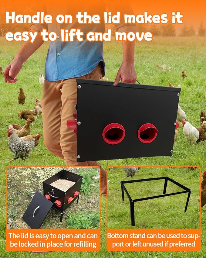 Automatic Chicken Feeder –45LB 8 Feeding Ports,Large Metal Chicken Feeders - No Waste Poultry Feeder with Locking Lid and Legs for Inside Coops