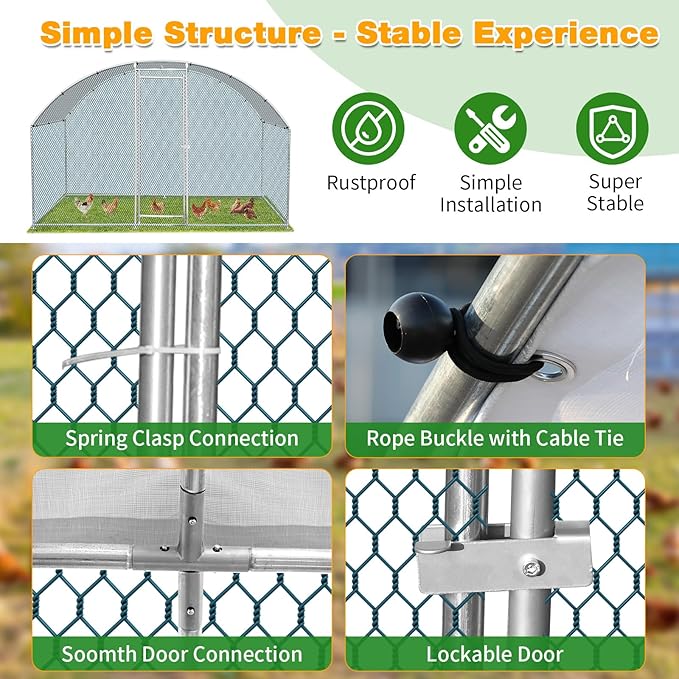 VINGLI Chicken Coop, Large Metal Poultry Cage for Chicken Run, Walk-in Chicken Pen with Waterproof & Anti-UV Cover Outdoor (Silver-Dome Roof, 6.5 * 9.8 * 6.5 ft)