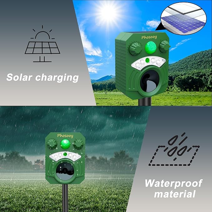 2 Packs Solar Ultrasonic Animal Repeller, Waterproof Mode-Adjustable Animal Deterrent Device with Flashing Strobe Lights to Repel Cats, Dogs, Squirrel, Rats, Skunks, Raccoons and Deer