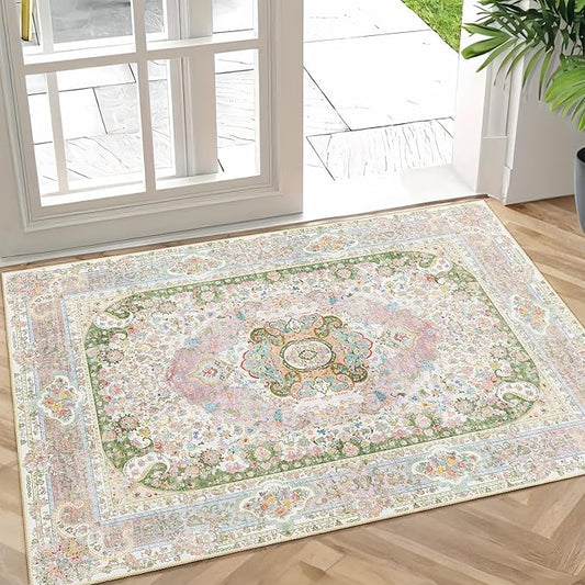 Small Rugs 2x3,Pink Rug for Entryway Bathroom Bedroom Kitchen Entrance Doormat,Boho Vintage Bohemian Distressed Washable Accent Floor Throw Carpet Non Slip,Blush Green