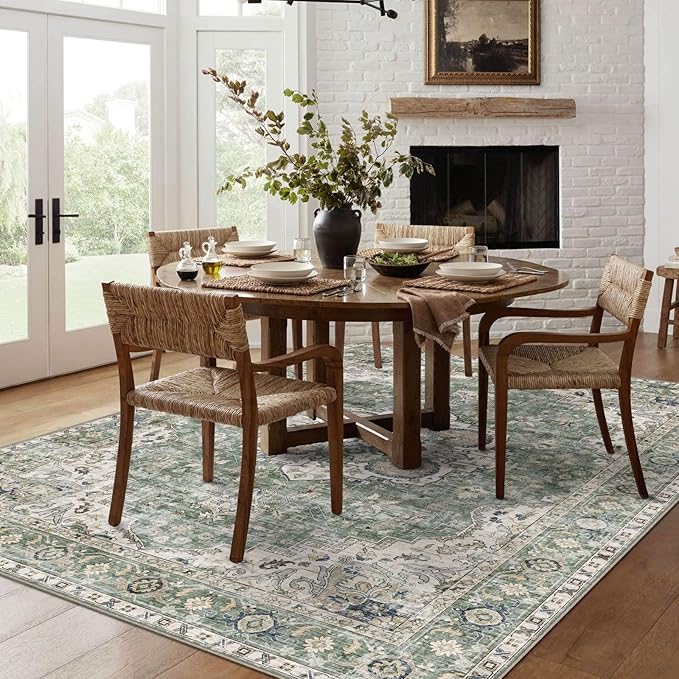 Washable Area Rug 5x8 - Boho Living Room Rug Non Slip Soft Bedroom Rug Ultra-Thin Sage Green Vintage Oriental Farmhouse Dining Room Rugs for Under Table Indoor Carpet for Living Room