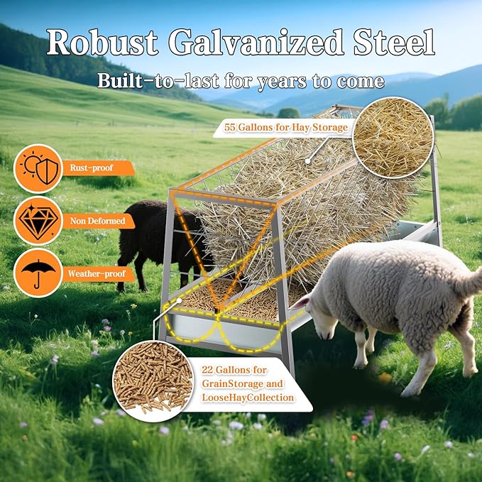 5 Ft Pasture Feeder, 77 Gallon Capacity Livestock Feeder with Deeper Feeding Pan, All Steel Frame, Easy to Assemble and Carry, Feeding Goats, Sheep and Miniature Horses, for Farms, Sheep Sheds