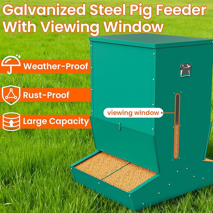 Pig Feeder, 4-Door Heavy Duty Galvanized Steel Hog Feeder,9 Bushels Capacity, Outdoor Pig Feeders with Visable Feed Design, Livestock Feeder for Barn, Farm, Feeding up to 20 Small Hogs, Green