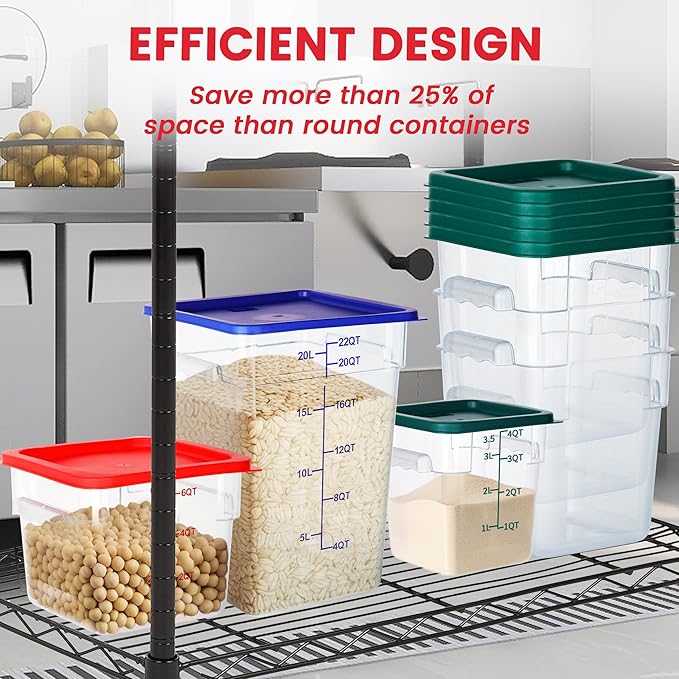 4 Pack Food Storage Containers, 6 Quart with Lids, Square Commercial Containers with Scale, NSF, Polycarbonate, Clear