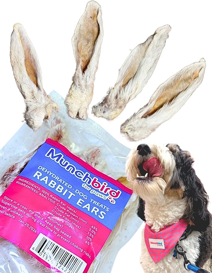Munchbird Dehydrated Rabbit Ears for Dogs (4pcs) European Furry Rabbit Natural Fiber for Digestive Health