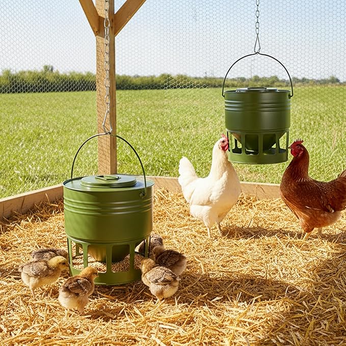 Hanging Chicken Feeder – 20lbs Metal Chicken Feeder, Adjustable Poultry Feeder with 12 Ports, No Installation & Universal Height Design (Avocado Green, 20lbs)