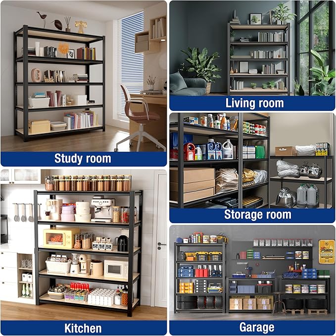 WORKPRO House 5-Tier Shelving Unit, Adjustable Heavy Duty Storage Shelves, Wood Grain Pattern, Waterproof Board, 3000lbs Boltless Shelving for Kitchen, Living Room, Garage, 48"W x 24"D x 72"H, Black