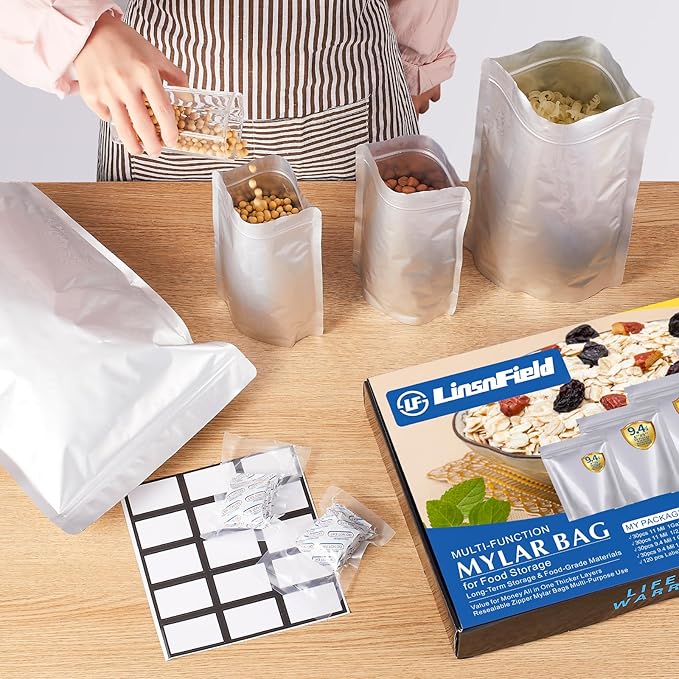 120PCS Mylar Bag Bundle, 4 Multi-Size Pouches(11Mil), 100x500cc Oxygen Absorbers, 120 Labels, Heat Sealable, Food Safe, BPA-Free – for Strong, Secure Long Term Food Storage, Silver