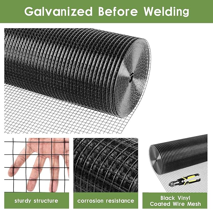 Tongmo Black Hardware Cloth, 1/2 inch 24'' x 100'Chicken Wire Fence, 19 Gauge Vinyl Coated Welded Cage Wire Mesh Roll Supports Poultry Netting Cage Garden Fence
