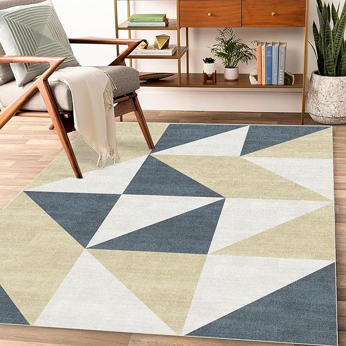 Washable Blue and Gold Modern Area Rugs for Living Room Bedroom Dinning Room Kitchen 3x5 Geometric Abstract Non Slip Low Pile Indoor Floor Small Carpet