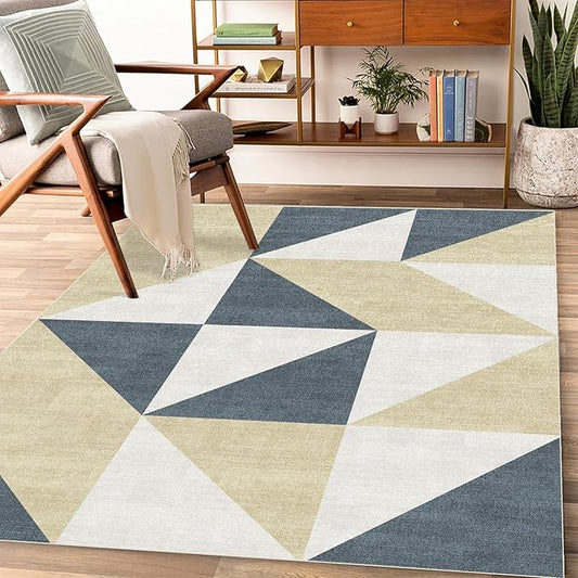 Washable Blue and Gold Modern Area Rugs for Living Room Bedroom Dinning Room Kitchen 3x5 Geometric Abstract Non Slip Low Pile Indoor Floor Small Carpet