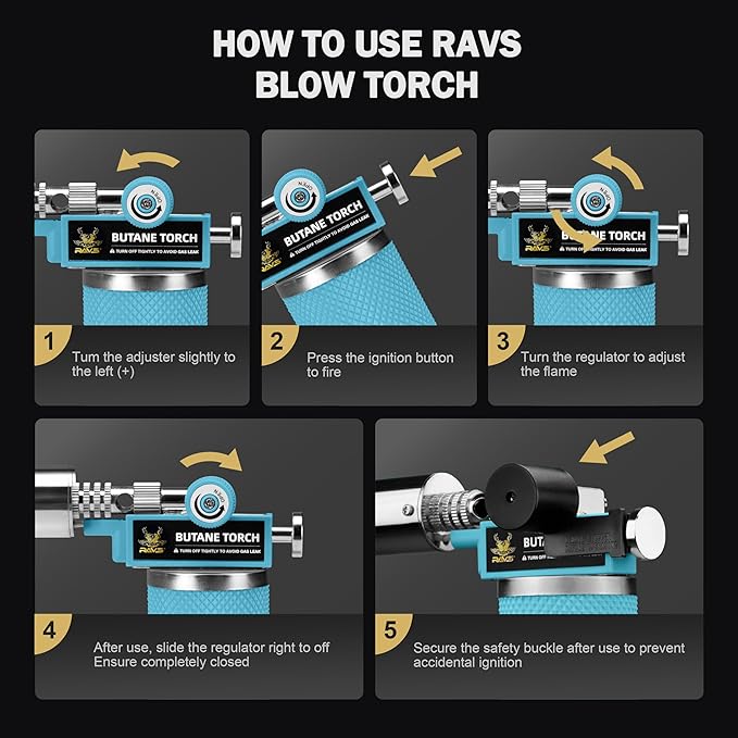 RAVS Butane Torch Lighter, Refillable Kitchen Torch with Adjustable Flame and Safety Buckle, Mini Torch for Baking, Soldering, Resin Art, Blue, Christmas Gifts for Men, Butane Not Included