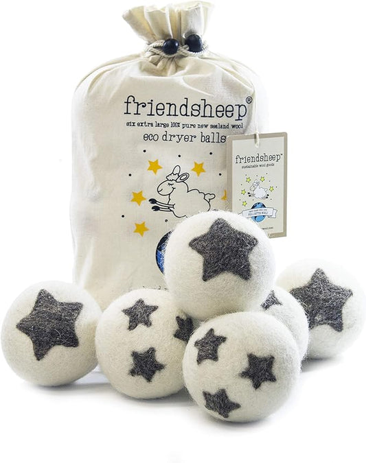 Friendsheep Wool Dryer Balls, Organic Reusable Fabric Softener Alternative for Laundry, Handmade, Fair Trade, Hypoallergenic, Eco-Friendly, Plastic-Free (6 Pack XL – Stars Galore)