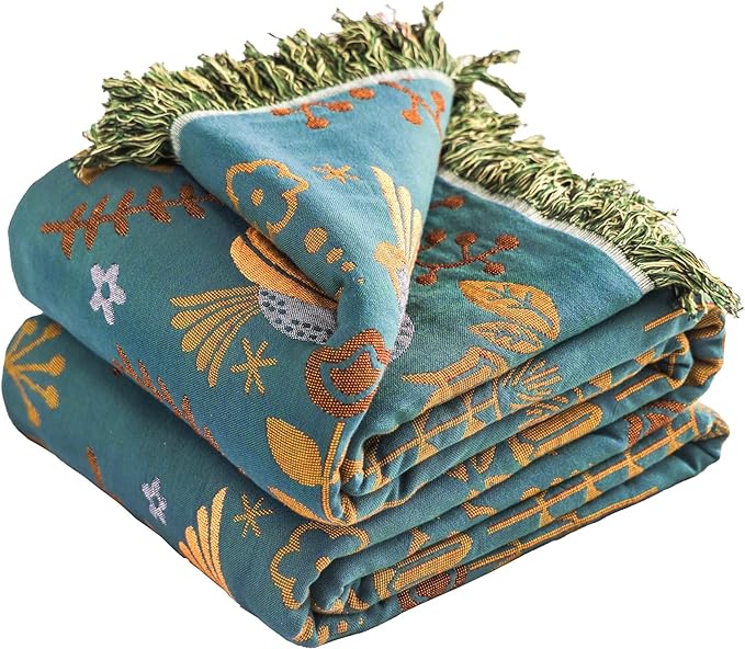 Boho Large Throw Blanket for Bed, 100% Muslin Cotton Soft Breathable Throw-Floral Bird Rustic Decor Blanket for Couch Sofa Quilt and Gift, 60" x 80"-Teal/Beige